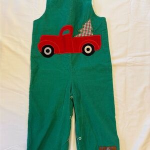Green Corduroy Kids Romper with Red Truck Appliqué
